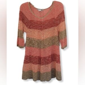 Two One Two New York Dress Crochet Coral Stripe Beach Cover Up 3/4 Sleev…